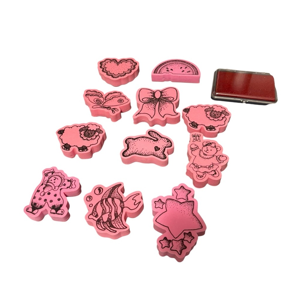 New Vtg Mixed Foam Rubber Stamps NOS Animals Clown Stars New Ink Pad